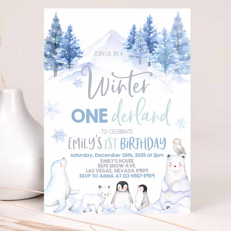 Winter Onederland Invitation, Wonderland First Kids Birthday Party, Boy Girl Polar Bear Arctic Animals Woodland Forest