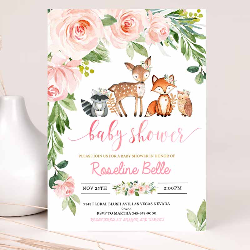 Woodland Girl Baby Shower Invitation, invite Forest Woodland animals Invitations, Wood land theme