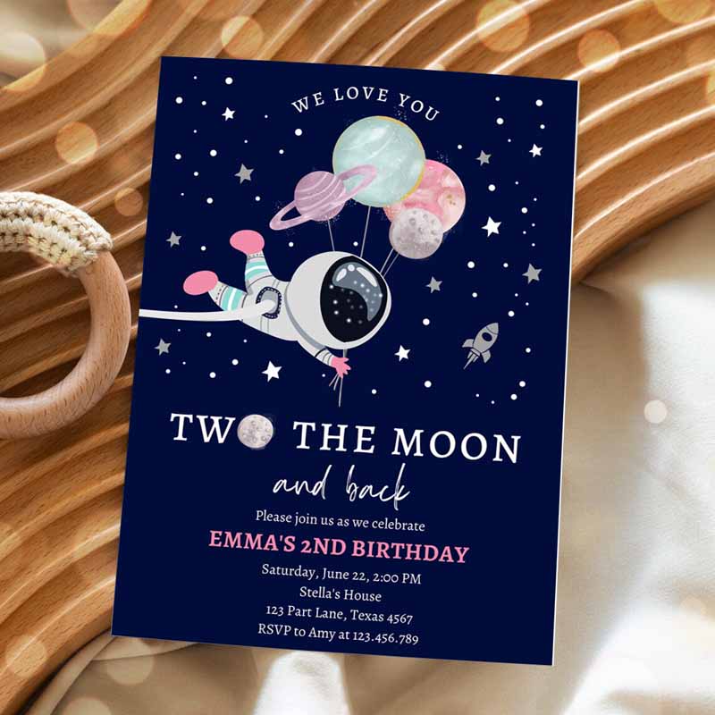 Two The Moon Outer Space Kids Birthday, Out of This World Astronaut Blue Silver Girl Second