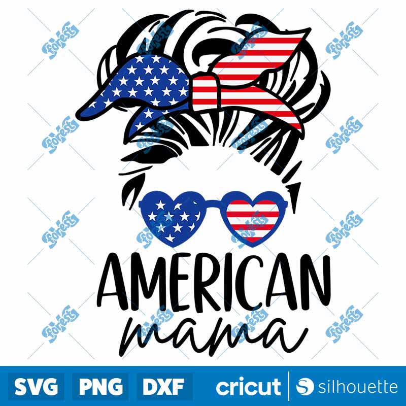 American Mama SVG, Messy Bun & Sunglasses with USA Flag SVG