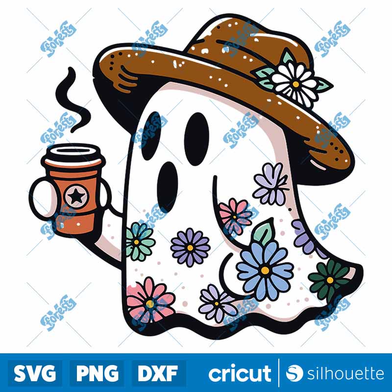 Retro Colorful Floral Ghost
  Coffee SVG