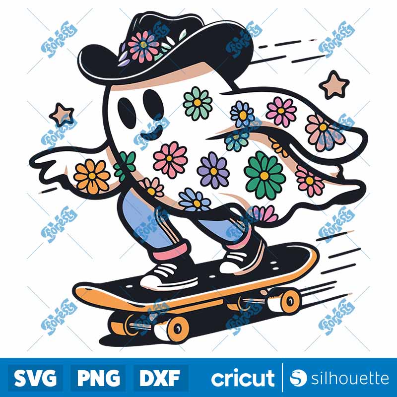 Retro Floral Ghost Skateboard
  SVG