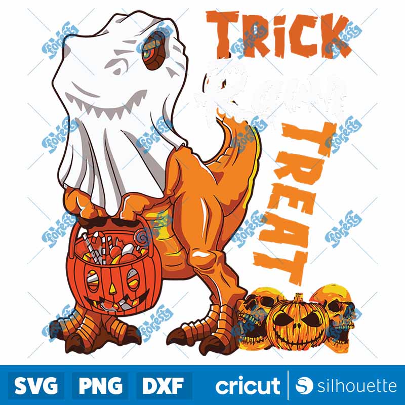 Trick Rawr Treat Halloween
  Trex Boo Ghost With Candy Basket SVG