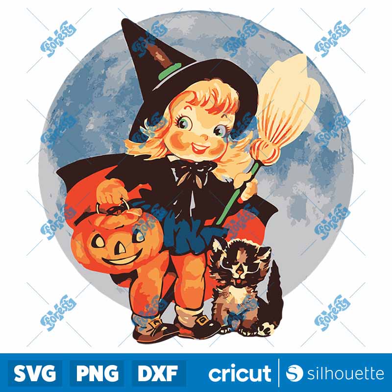 Vintage Halloween Art Retro
  Cute Witch Pumpkin Cat SVG