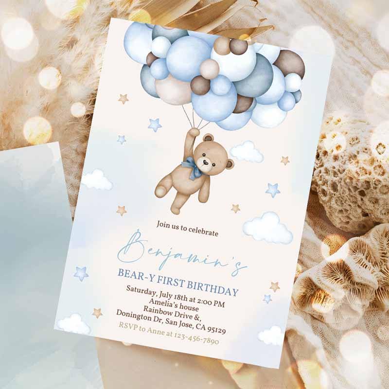 Bear Kids Birthday Invitation, Beary First Kids Birthday Party, Boho Boy Teddy Bear Cute Blue Pampas Grass Balloons Invitation