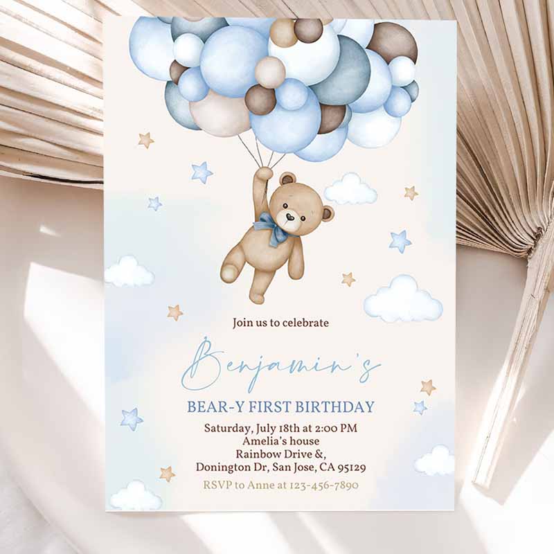 Bear Kids Birthday Invitation, Beary First Kids Birthday Party, Boho Boy Teddy Bear Cute Blue Pampas Grass Balloons