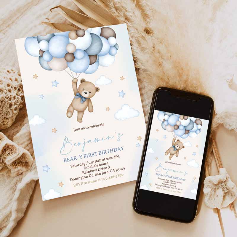 Bear Kids Birthday Invitation, Beary First Kids Birthday Party, Boho Boy Teddy Bear Cute Blue Pampas Grass Balloons