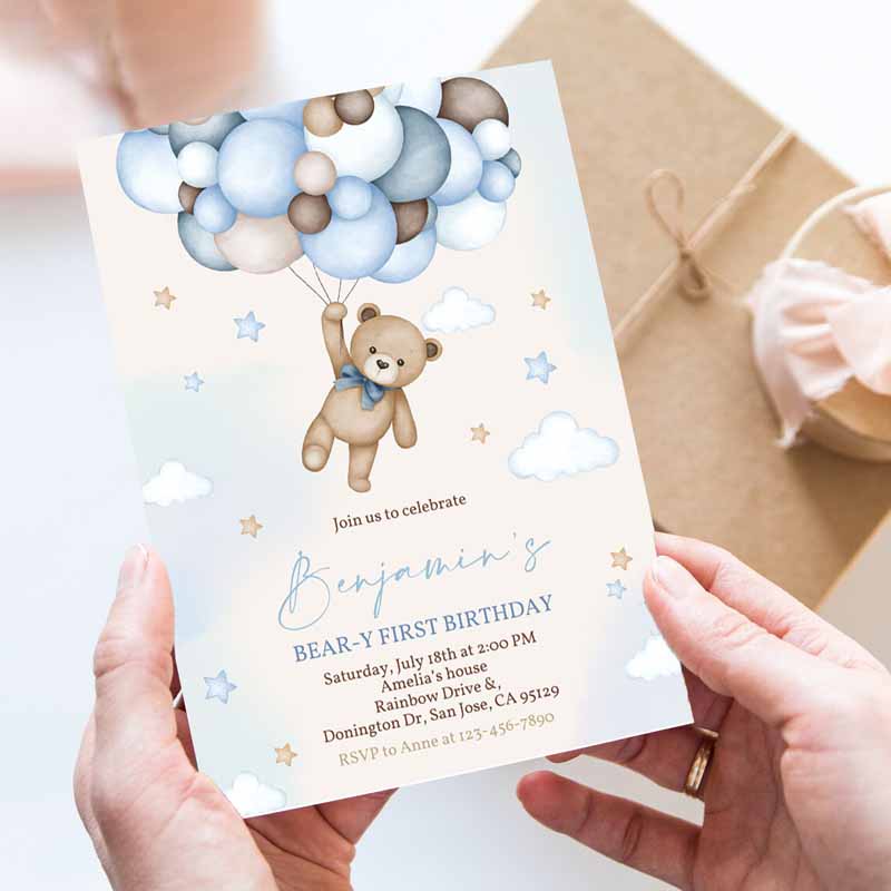 Bear Kids Birthday Invitation, Beary First Kids Birthday Party, Boho Boy Teddy Bear Cute Blue Pampas Grass Balloons