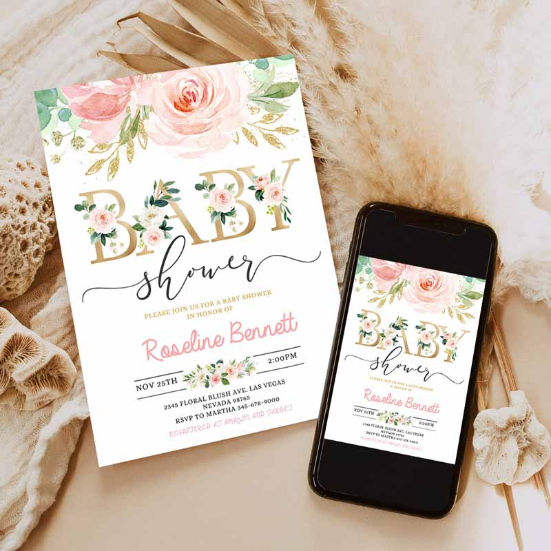 Blush Pink Floral Baby Shower Invitation, Printable Baby Shower Invite Sweet Baby Girl Party