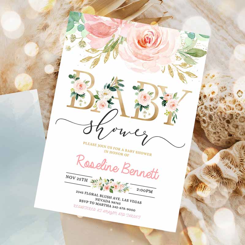 Blush Pink Floral Baby Shower Invitation, Printable Baby Shower Invite Sweet Baby Girl Party