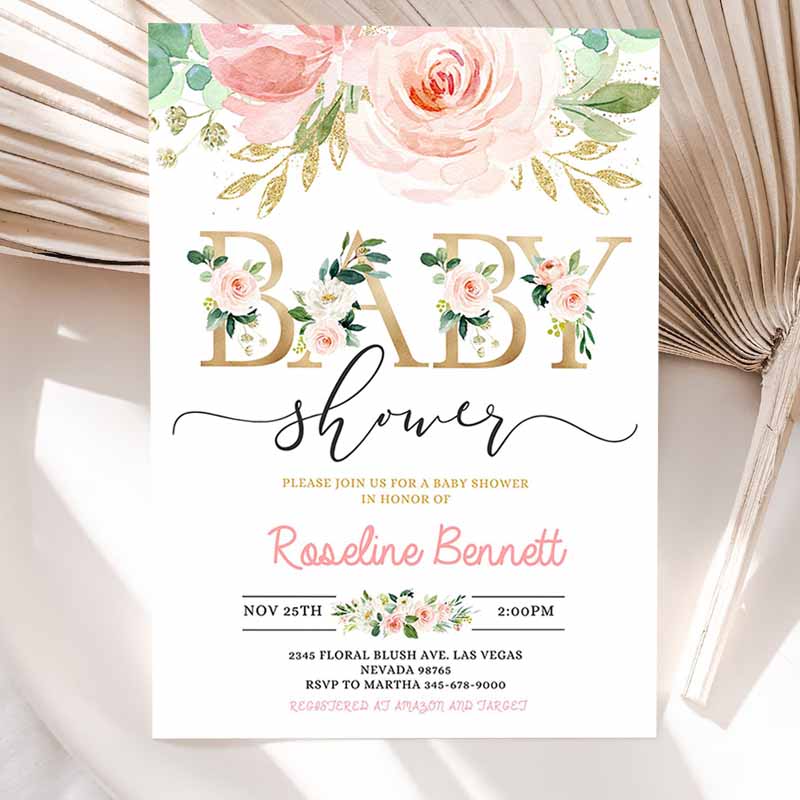 Blush Pink Floral Baby Shower Invitation, Printable Baby Shower Invite Sweet Baby Girl Party