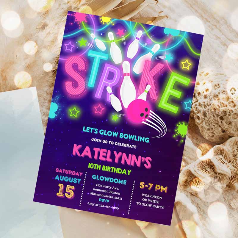 Bowling Invitation, Glow Bowling Kids Birthday Invitation, Neon Bowling Invite Cosmic Glow Bowling Party, Girl Bowling