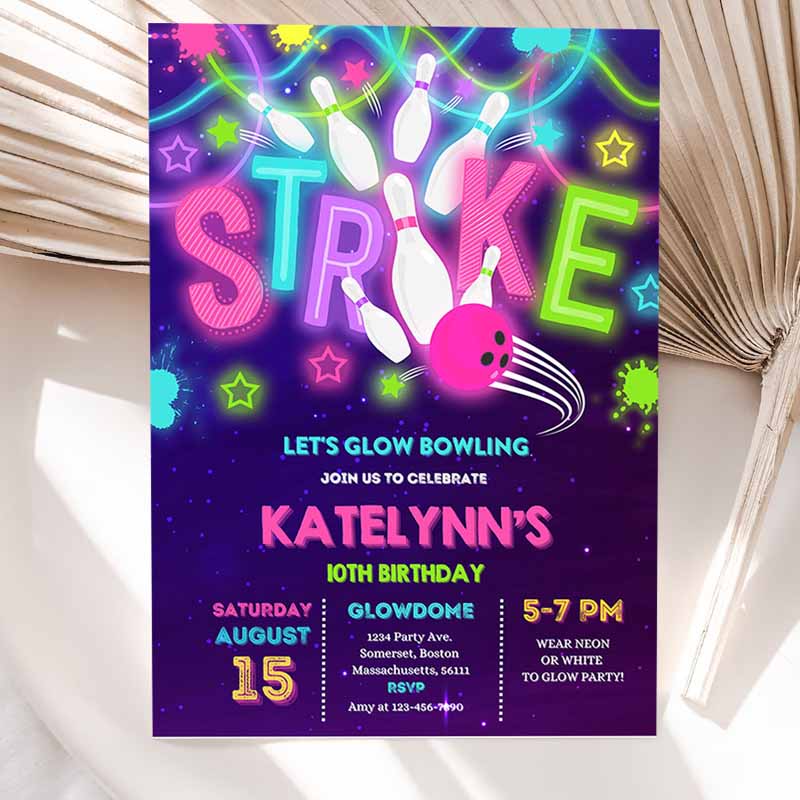 Bowling Invitation, Glow Bowling Kids Birthday Invitation, Neon Bowling Invite Cosmic Glow Bowling Party, Girl Bowling