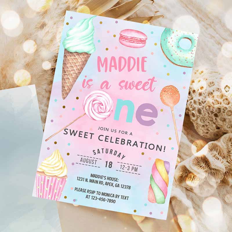 Candy shes a sweet one birthday Invitation, girl birthday invite candy sweets donut ice cream invite Invitation