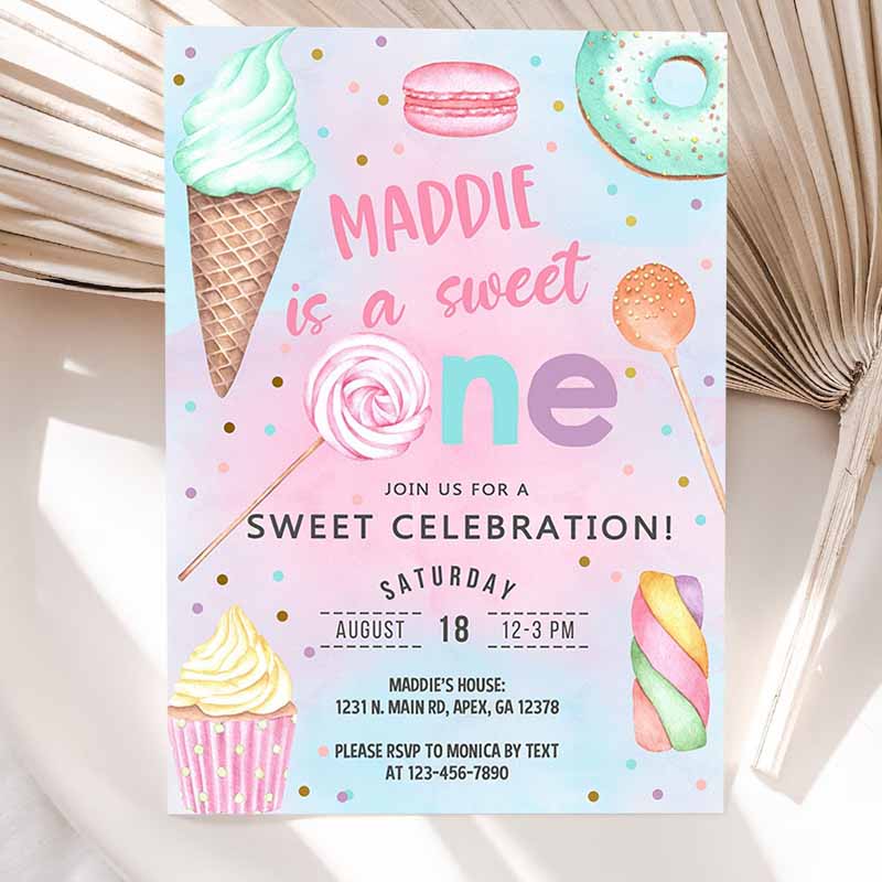 Candy shes a sweet one birthday Invitation, girl birthday invite candy sweets donut ice cream