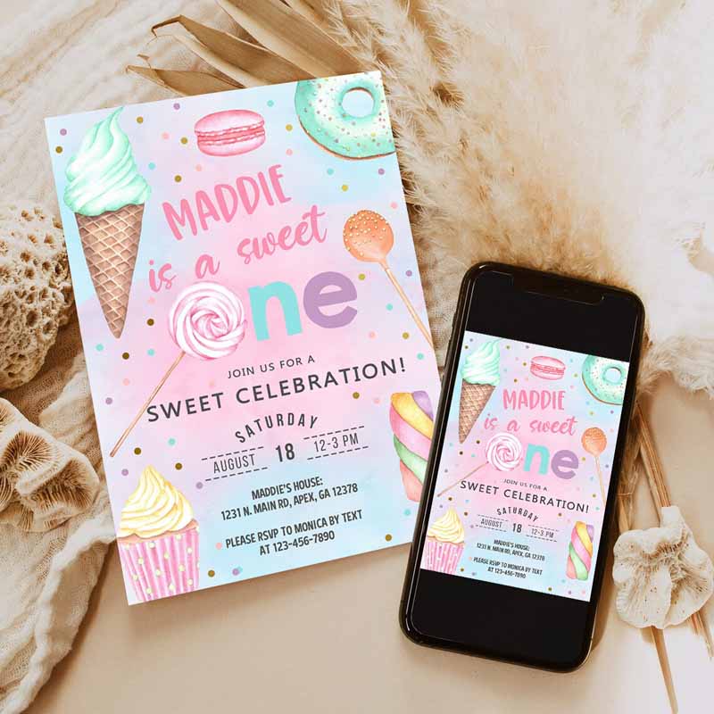 Candy shes a sweet one birthday Invitation, girl birthday invite candy sweets donut ice cream