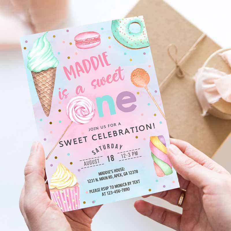 Candy shes a sweet one birthday Invitation, girl birthday invite candy sweets donut ice cream