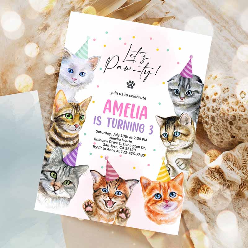 Cat Invitation, Cat Kids Birthday, Invite Kitty Cat Kids Birthday Party, Animal Let's Pawty Are You Kitten Me Right Meow Invitation