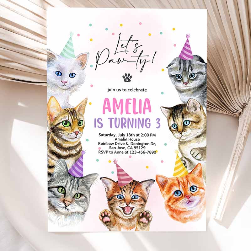 Cat Invitation, Cat Kids Birthday, Invite Kitty Cat Kids Birthday Party, Animal Let's Pawty Are You Kitten Me Right Meow