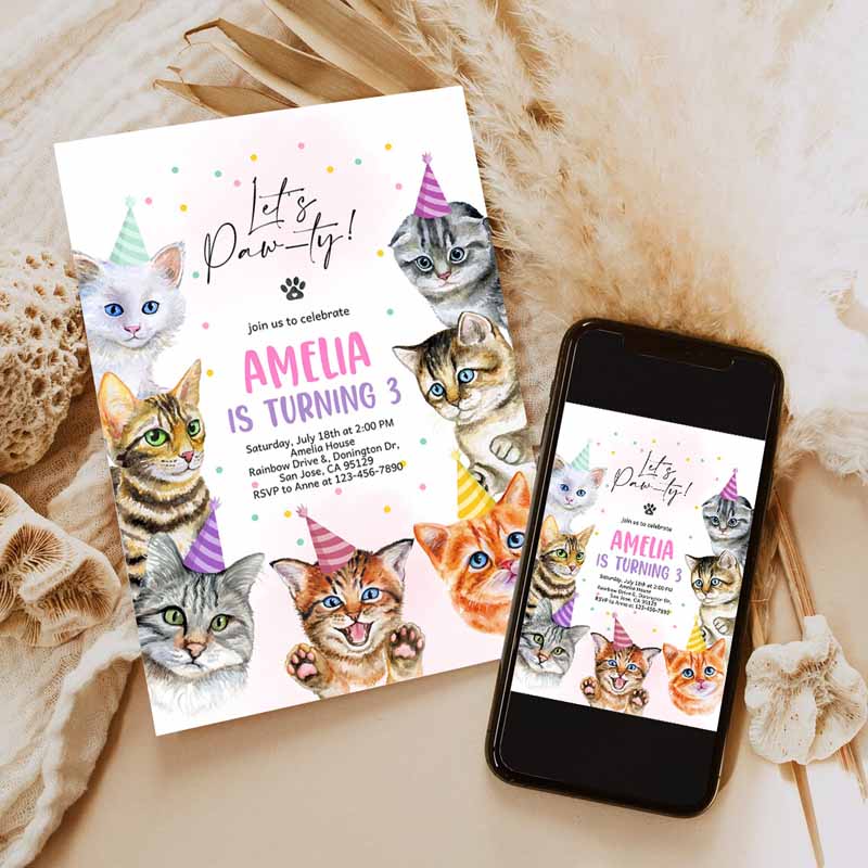 Cat Invitation, Cat Kids Birthday, Invite Kitty Cat Kids Birthday Party, Animal Let's Pawty Are You Kitten Me Right Meow