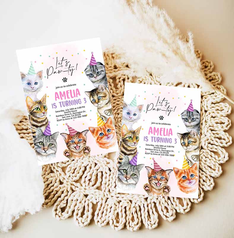 Cat Invitation, Cat Kids Birthday, Invite Kitty Cat Kids Birthday Party, Animal Let's Pawty Are You Kitten Me Right Meow