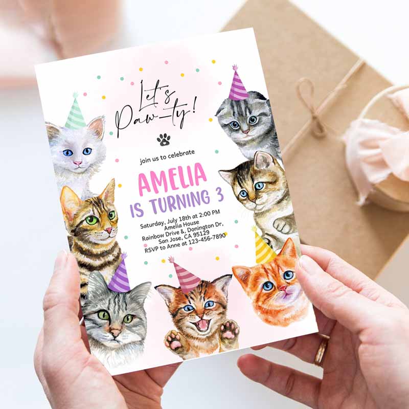 Cat Invitation, Cat Kids Birthday, Invite Kitty Cat Kids Birthday Party, Animal Let's Pawty Are You Kitten Me Right Meow