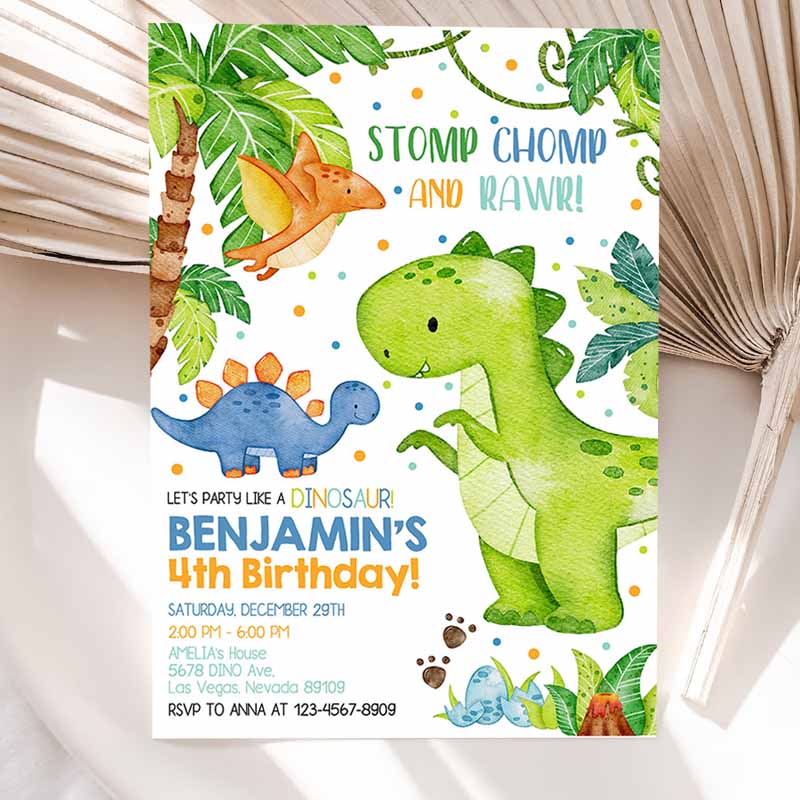 Dinosaur Kids Birthday Invitation, Dinosaur Party, Dinoeme Boy Girl Kids First Jungle Animals Tropical