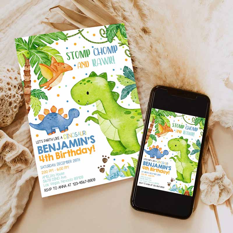 Dinosaur Kids Birthday Invitation, Dinosaur Party, Dinoeme Boy Girl Kids First Jungle Animals Tropical