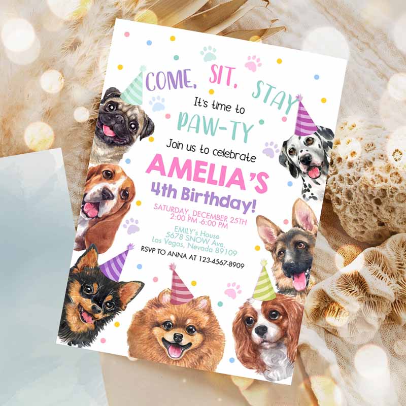 Dog Invitation, Kids Birthday Party, Puppy Pawty Boy Girl First Come SIt'stay Peteme Invitation