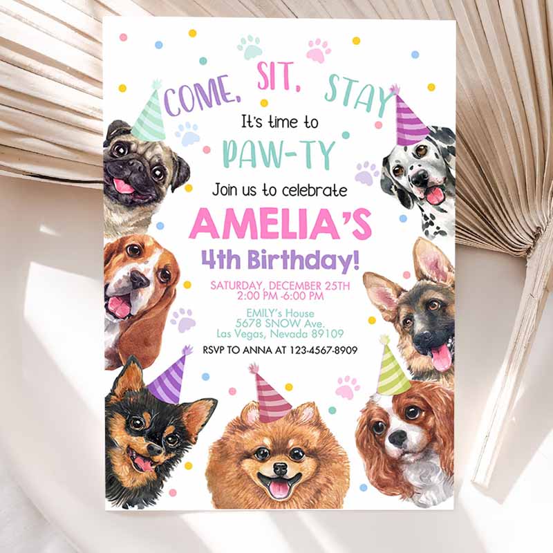 Dog Invitation, Kids Birthday Party, Puppy Pawty Boy Girl First Come SIt'stay Peteme