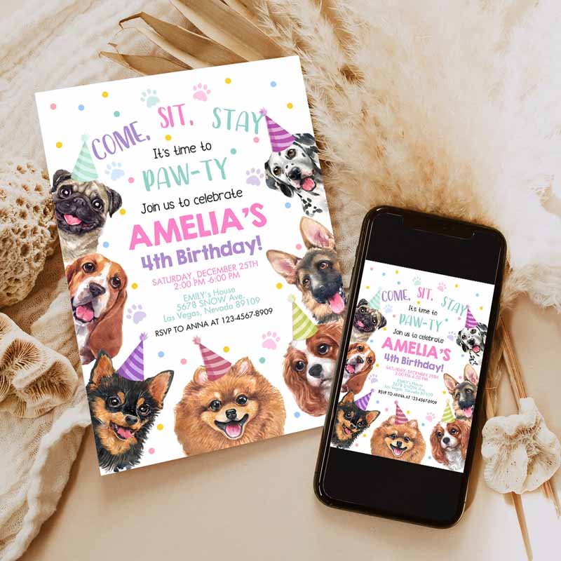 Dog Invitation, Kids Birthday Party, Puppy Pawty Boy Girl First Come SIt'stay Peteme