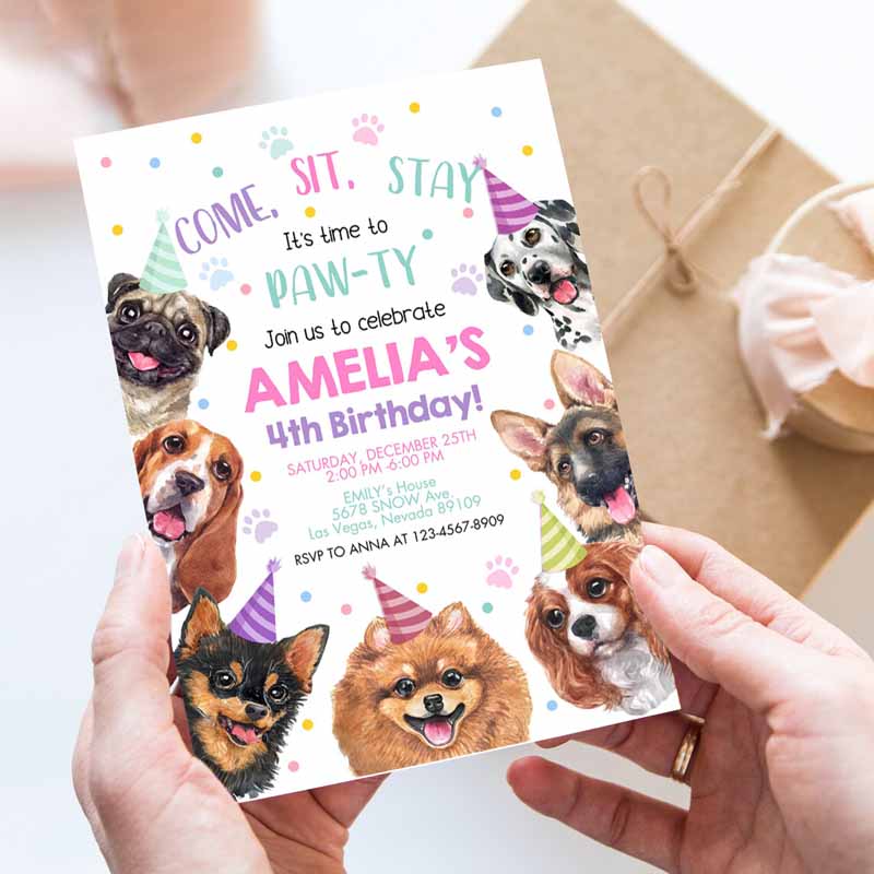 Dog Invitation, Kids Birthday Party, Puppy Pawty Boy Girl First Come SIt'stay Peteme