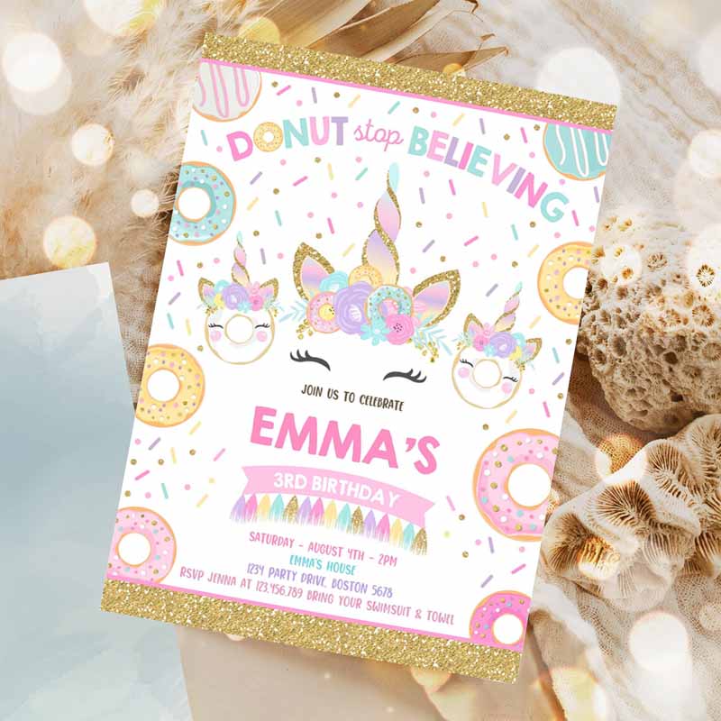 Donut And Unicorn Kids Birthday Invitation, Donutop Believing Invite Donutop Believing Unicorn Donut Party Invitation