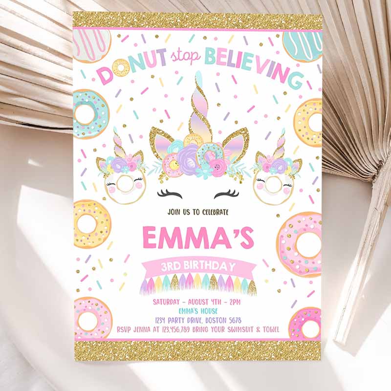 Donut And Unicorn Kids Birthday Invitation, Donutop Believing Invite Donutop Believing Unicorn Donut Party