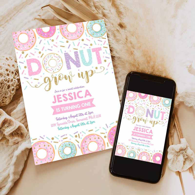 Donut Grow Up Kids Birthday Invitation, Donut Grown Up Invitation, Donut Kids Birthday