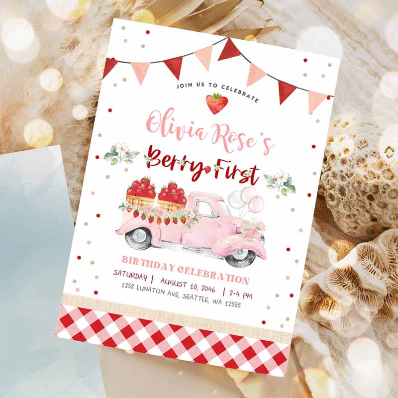 st Berry FirStrawberry Kids Birthday Invitation, Photo Berry Sweet Strawberry Truck Invite Invitation