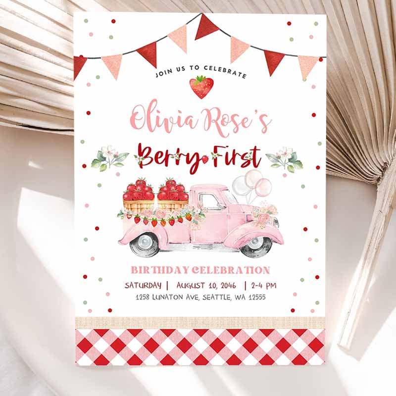 st Berry FirStrawberry Kids Birthday Invitation, Photo Berry Sweet Strawberry Truck