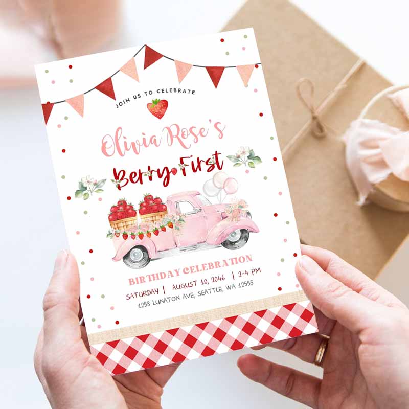 st Berry FirStrawberry Kids Birthday Invitation, Photo Berry Sweet Strawberry Truck