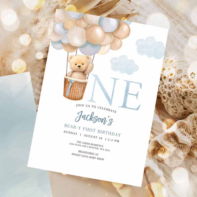 st Kids Birthday, Boy Teddy Bear Hot Air Balloon Kids Birthday Invitation, Beary Kids Birthday, Invite Printable