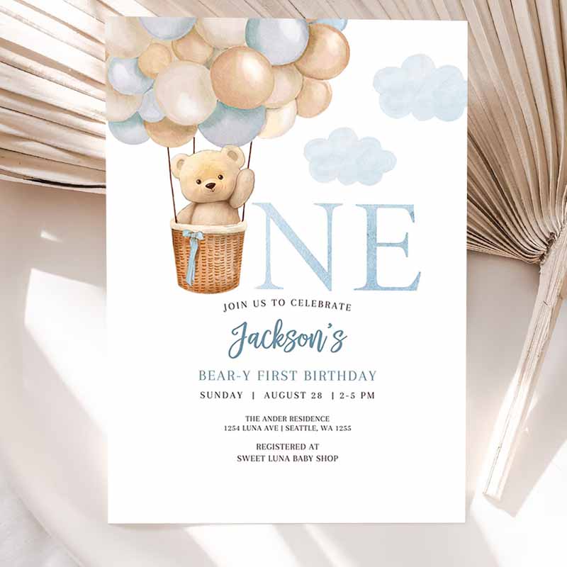 st Kids Birthday, Boy Teddy Bear Hot Air Balloon Kids Birthday Invitation, Beary Kids Birthday, Invite Printable