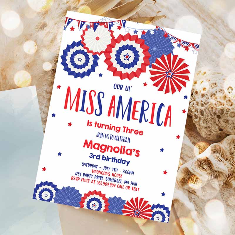 4th Of July Kids Birthday Invitation, 4th Of July Little Miss Independent Kids Birthday Invitation, Memorial Kids Birthday