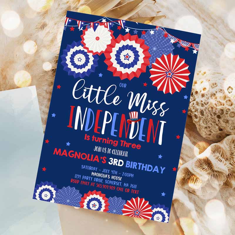 4th Of July Kids Birthday Invitation, 4th Of July Little Miss Independent Kids Birthday Invitation, Memorial Day