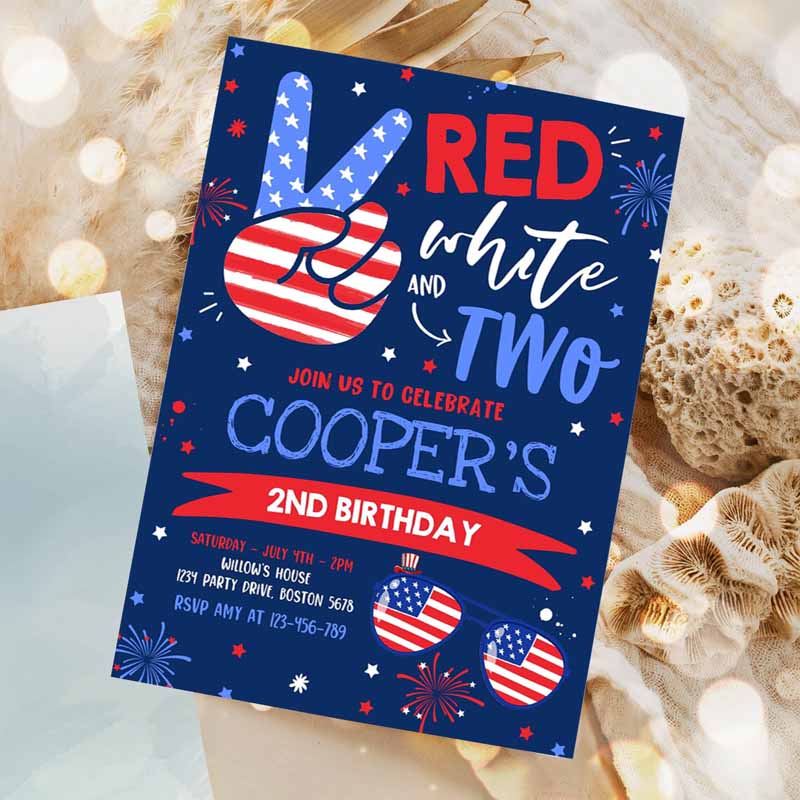 4th Of July Kids Birthday Invitation, 4th Of July Red White And Two Kids Birthday Party, Memorial Day Kids Birthday Party