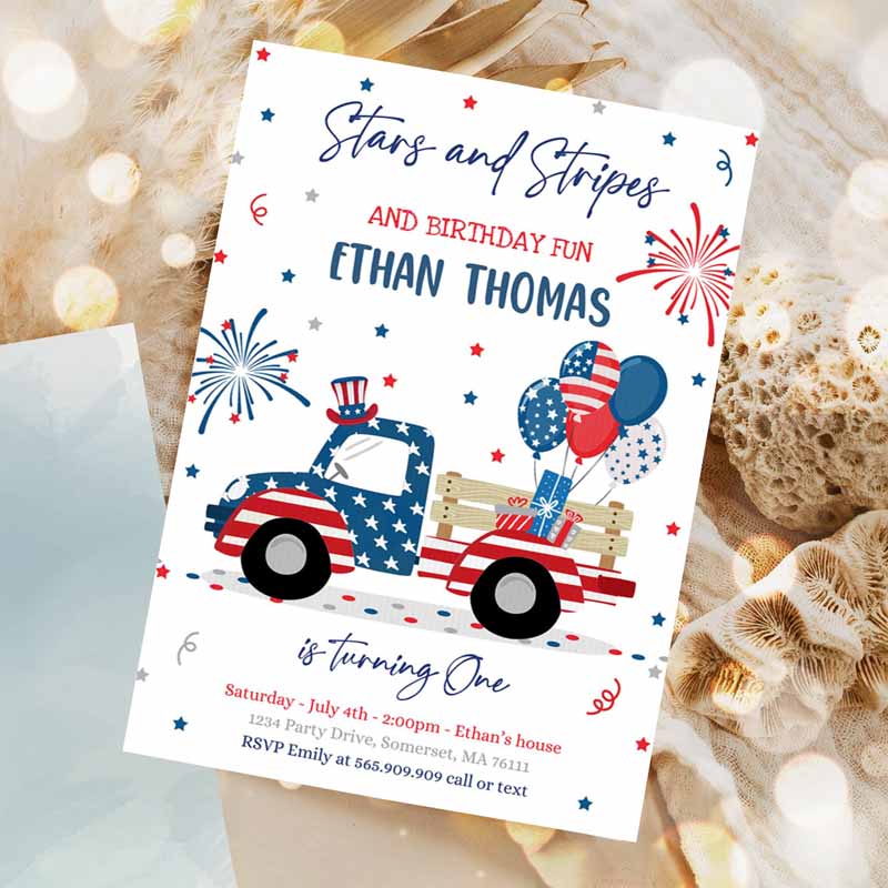 4th Of July Kids Birthday Invitation, 4th Of July Stars Stripe Truck Kids Birthday, Memorial Day Independence Day Party