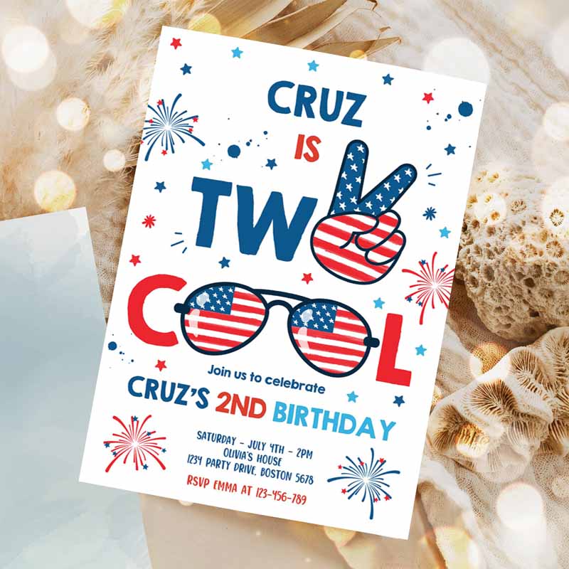 4th Of July Kids Birthday Invitation, Two Cool Dude Of July Kids Birthday Invitation, Memorial Day Kids Birthday