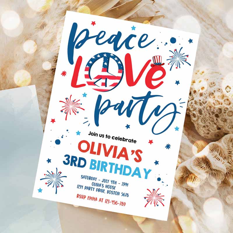 4th Of July Kids Birthday, Peace Love Party, 4th Of July Kids Birthday, Memorial Day Independence Day Party Invitation