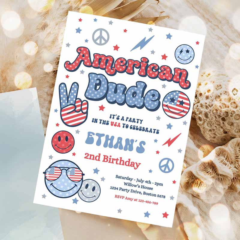 4th Of July Kids Birthday, Retro American Dude Kids Birthday Party, Invite America Vibes Kids Birthday Party