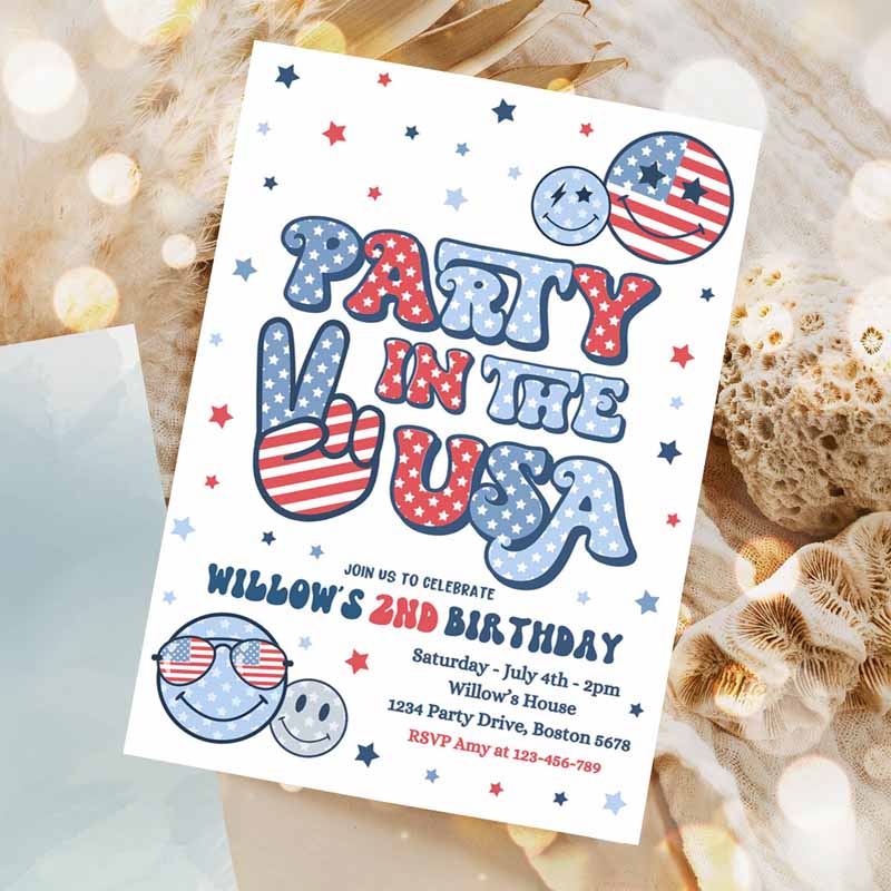 4th Of July Kids Birthday, Retro Groovy Party, Ine USA Invite Red White And Groovy Kids Birthday Party