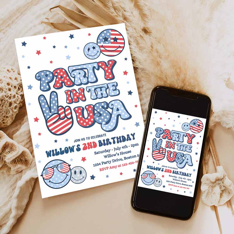 4th Of July Kids Birthday, Retro Groovy Party, Ine USA Invite Red White And Groovy Kids Birthday Party