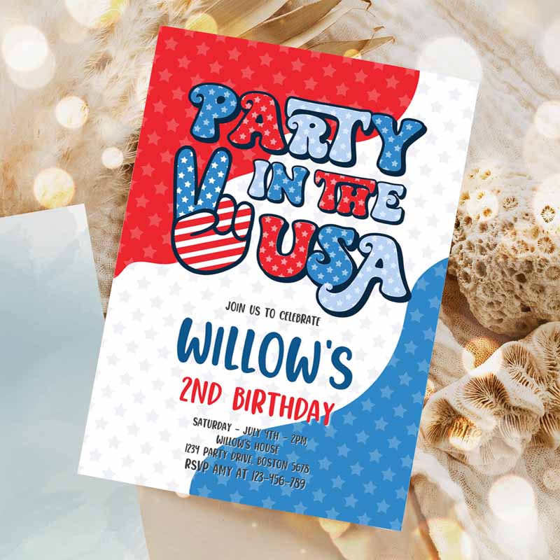 4th Of July Kids Birthday, Retro Groovy Party, Ine USA Invite Red White And Groovy Kids Birthday